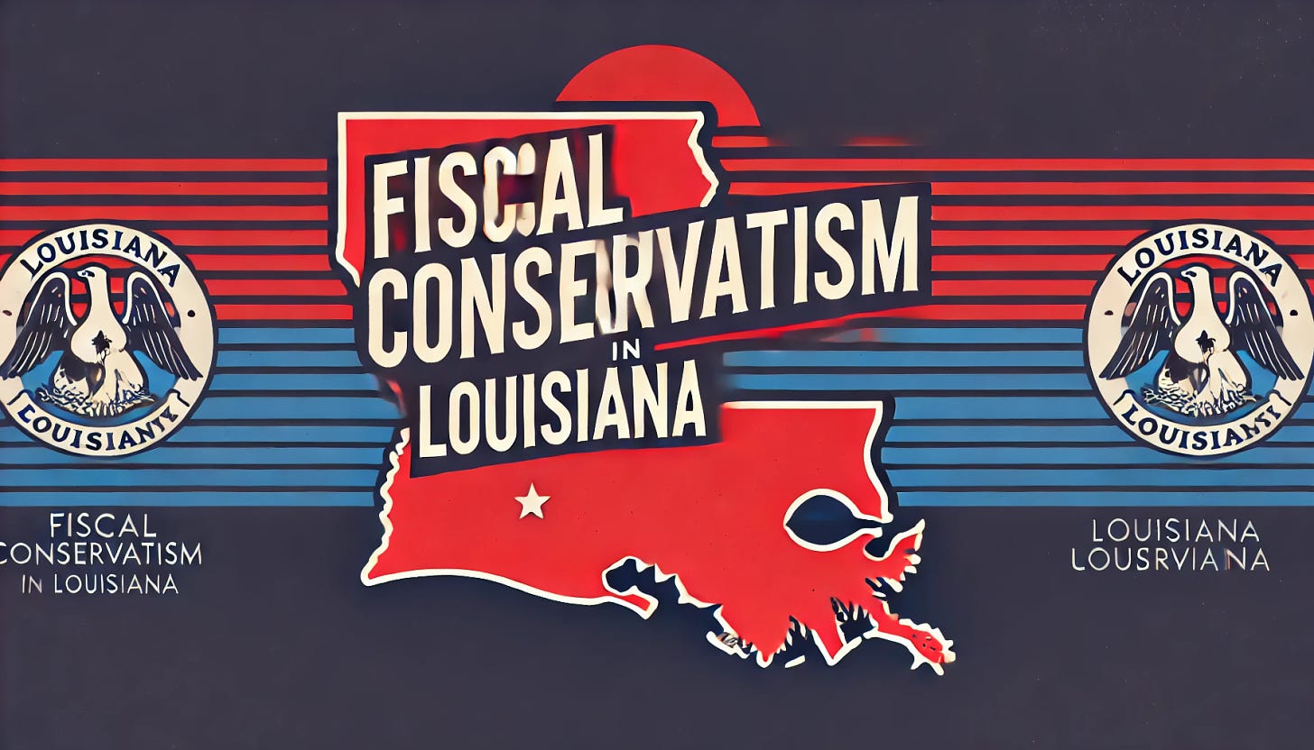 Create a simple, minimalist landscape graphic for the title 'FISCAL CONSERVATISM IN LOUISIANA' in red, white, and blue. Use bold, clean typography to emphasize the title, with subtle Louisiana-themed elements such as the state outline or faint symbols representing fiscal responsibility. Keep the design uncluttered and professional, suitable for a headline or informational graphic on economic policy.