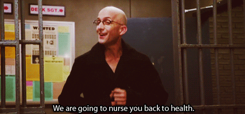 gif showing the dean character from the tv show "community" wearing a nurse costume with the text "we are going to nurse you back to health."