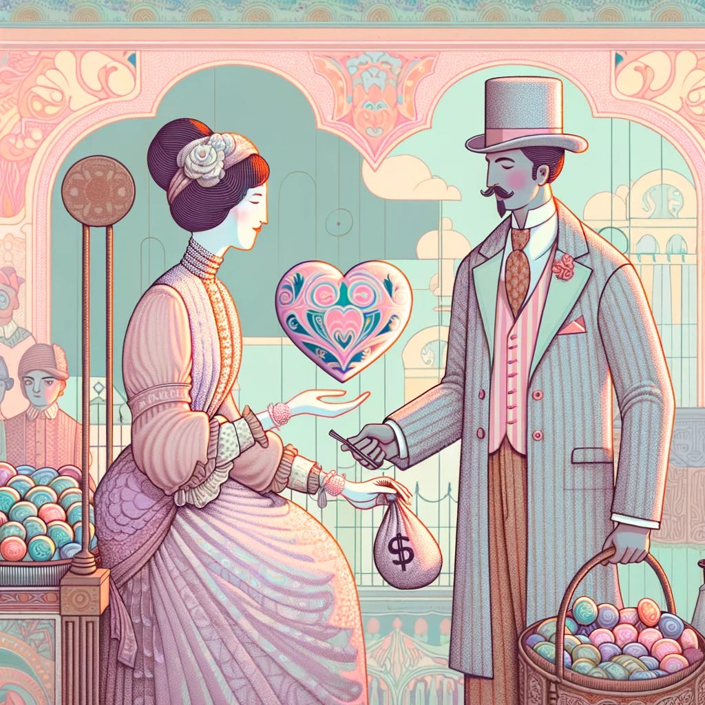Create a surreal, cartoonish marketplace scene with pastel colors, inspired by the original image provided. The woman, in a pastel boudoir dress with stylized, simplified details, is handing a whimsical, oversized heart to a man. The man, in a pastel, cartoonish Victorian outfit, is offering a bag of coins in exchange. The background should feature soft, muted psychedelic patterns, and the marketplace should include a few stalls with cartoonish, surreal items. The characters should have a playful, caricatured appearance with moderately large eyes. The overall tone should be more surreal, echoing the feel of the original image but in a lighter, pastel palette.