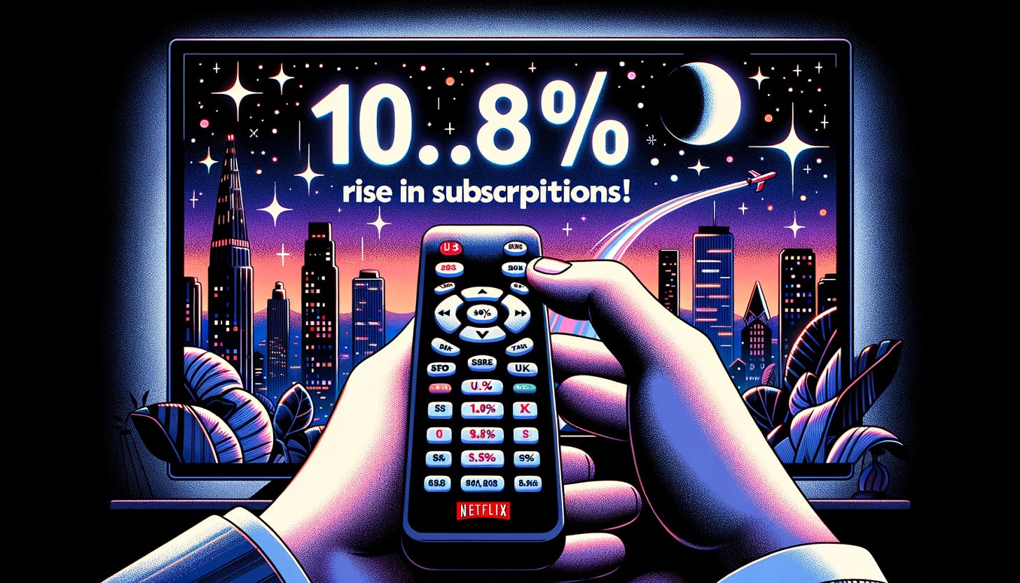 Illustration: A close-up of a hand holding a remote control pointing at a TV screen. On the screen, there's a splash notification with the text '10.8% Rise in Subscriptions!' and small subtitles highlighting the price changes for U.S., U.K., and France. The background has a city skyline transitioning into night, with bright stars symbolizing the 12% rise in shares and a subtle moon in the shape of the Netflix 'N' logo.