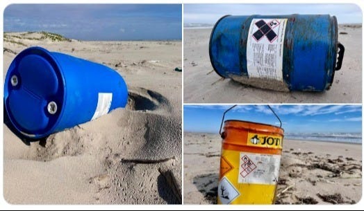 Chemical barrels - like these (often with Haz-Mat labels) also regularly wash ashore from the Gulf onto Padre Island, Texas.