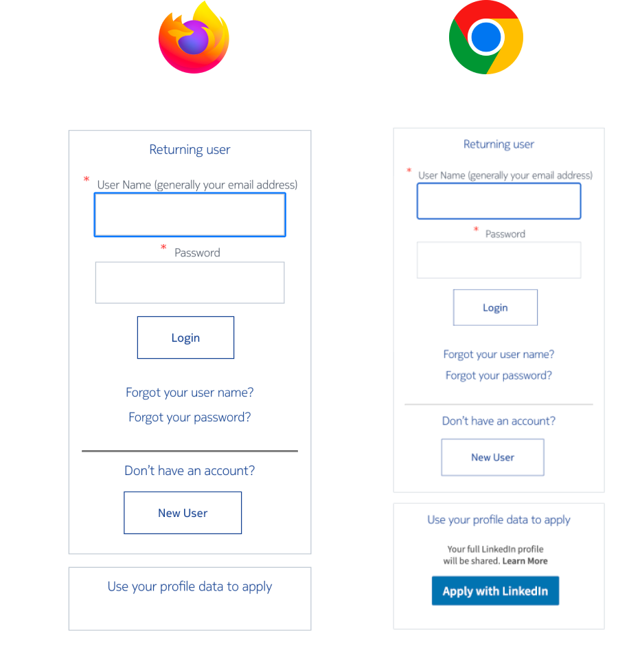 Sign up form in Firefox and Chrome, in Firefox, "Apply with LinkedIn" button is missing