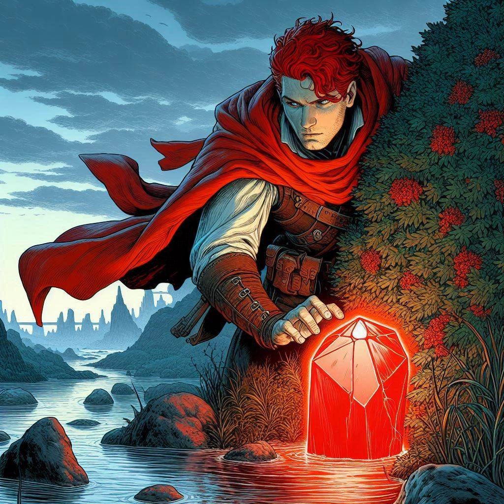 red-haired man standing strategically behind a bush near a river with a glowing red oblong stone, dungeons and dragons fantasy drawing