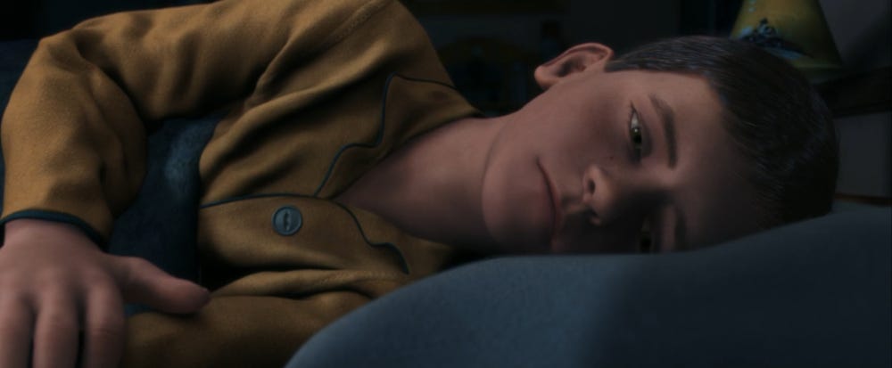 Hero Boy trying to fall asleep at the beginning of The Polar Express.