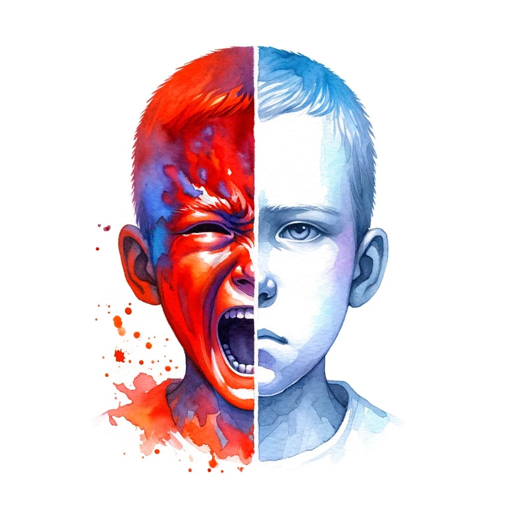A watercolor painting that captures the dual emotional state of a child's face, split in half. One side of the face is in intense red and orange hues, illustrating the child screaming in red rage. This side should be vivid with the expression of anger and frustration. The other half should depict a cold, emotionless pale face, symbolizing repressed emotion, with the energy visibly stuck at the throat but no tears, showing a stoic, emotionless expression. Maintain the intense and expressive watercolor style, emphasizing the stark emotional contrast between the two halves without tears.