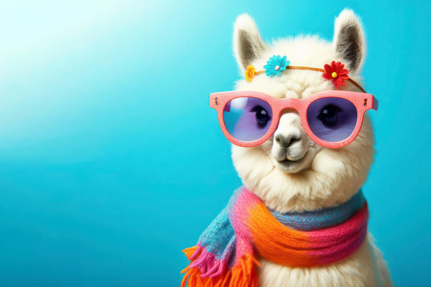 A llama or alpaca wearing pink sunglasses, a multicolored scarf, and a flower headband, posing against a bright blue background.