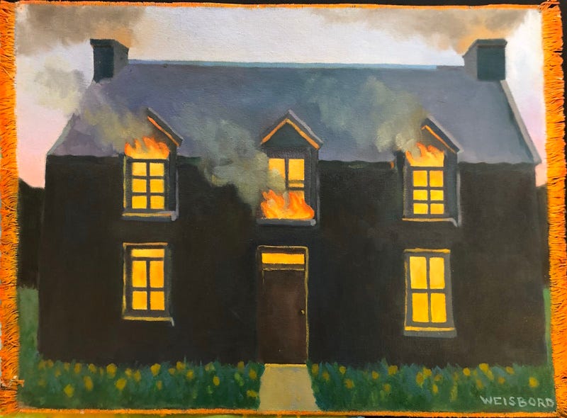 An oil painting on unstretched canvas of a burning farmhouse.
