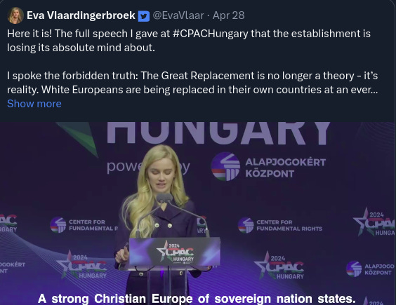 Screenshot of a tweet from Eva Vlaardingerbroek with a video of her speaking at CPAC Hungary captioned "A strong Christian Europe of soverign nation sates."