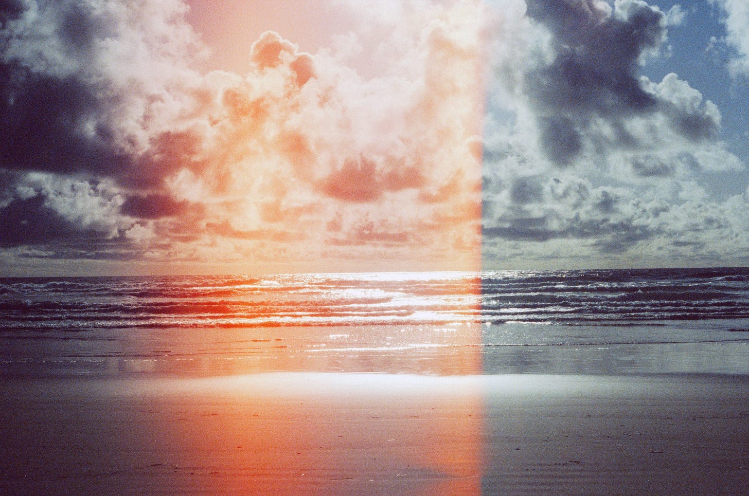 A bright, saturated film photograph of clouds, with sun behind them, over the ocean.