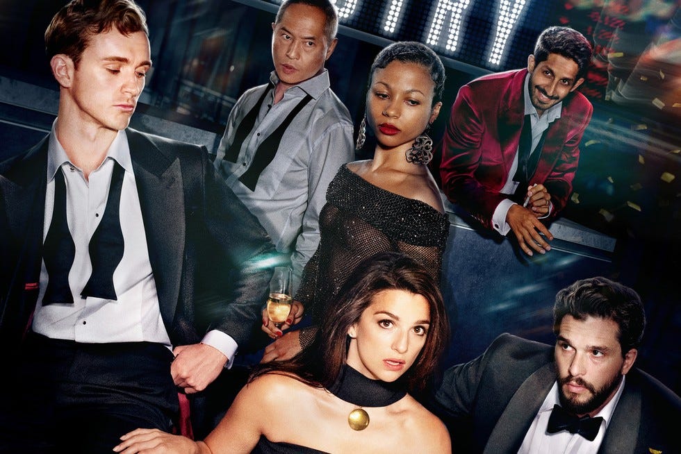 Key art for Industry season 3 depicting lead cast members in a glamorous formal setting with Marisa Abela front and centre, with the back from left to right, Harry Lawtey, Ken Leung, Myha'la, Sagar Radia, and Kit Harington.