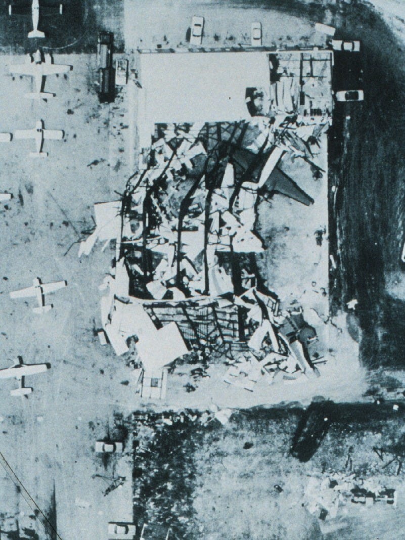 Corpus Christi airport hangar destroyed by Hurricane Celia in 1970. Corpus Christi airport hangar destroyed by Hurricane Celia in 1970.
