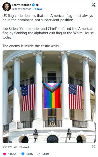 Goodbye Stars and Stripes; Hello Rainbow Faggotry! Benny Johnson tweet showing a photo of the pride flag supplanting the American Flag at the Biden White House.