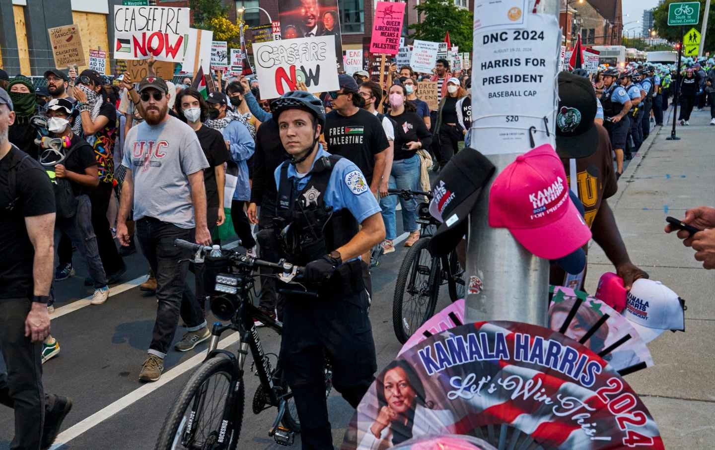 Vice President Kamala Harris merchandise for sale as pro-Palestinian demonstrators march during the Democratic National Convention (DNC) in Chicago, Illinois, US, on Thursday, Aug. 22, 2024.