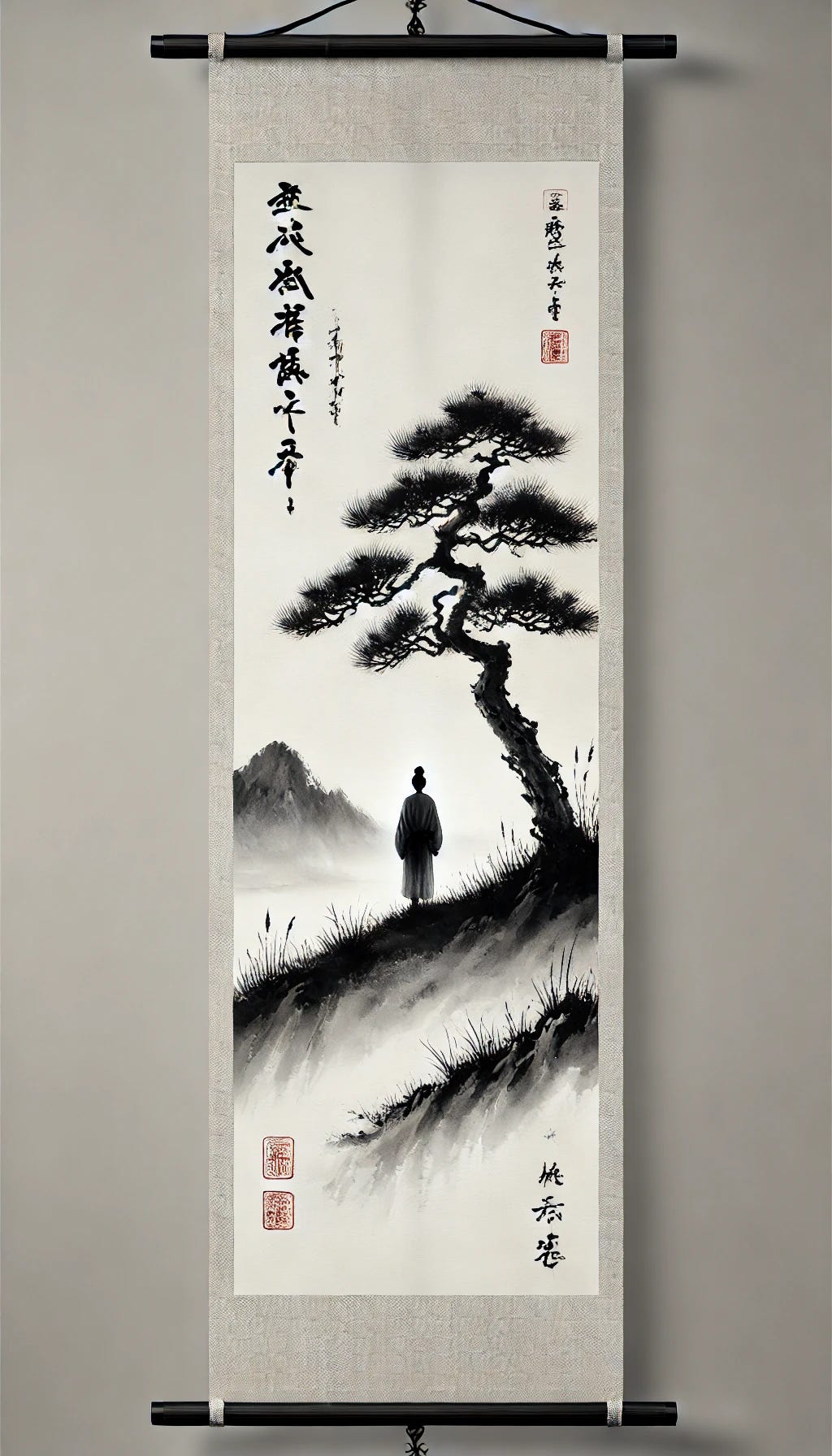 A tall, hanging-scroll-style ink painting in traditional Japanese brushwork style. The scene depicts a single, serene figure standing in a peaceful field, subtly poised in a defensive stance that symbolizes endurance and harmony. The surrounding landscape is created with soft, flowing ink washes, representing inner patience and tranquility as the foundation of true strength. The composition is minimalistic, with delicate contrasts between light and shadow, evoking a sense of calm and resolute spirit.