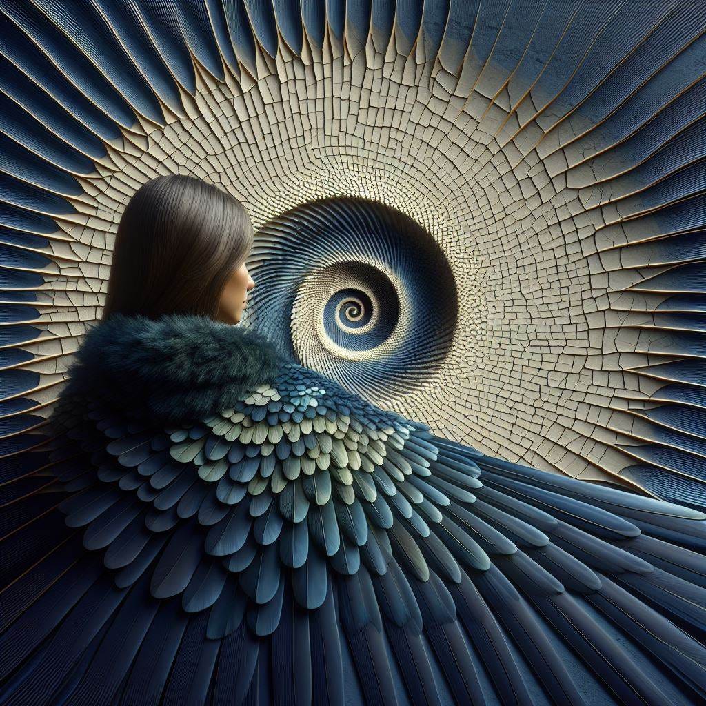 Hyper realistic : Close up woman wearing a dark blue silk cape in foreground made of macro close up of wing scales. overlay overt opticle illusion circles of black and white that seem to go in both directions, string art.  The background is a spiral of crackly squares. They spiral to a point and disappear in the center of the screener's. a dark blue background with see through squares with thin neon yellow, cream and orange light as trim. Stucco, cement, green moss