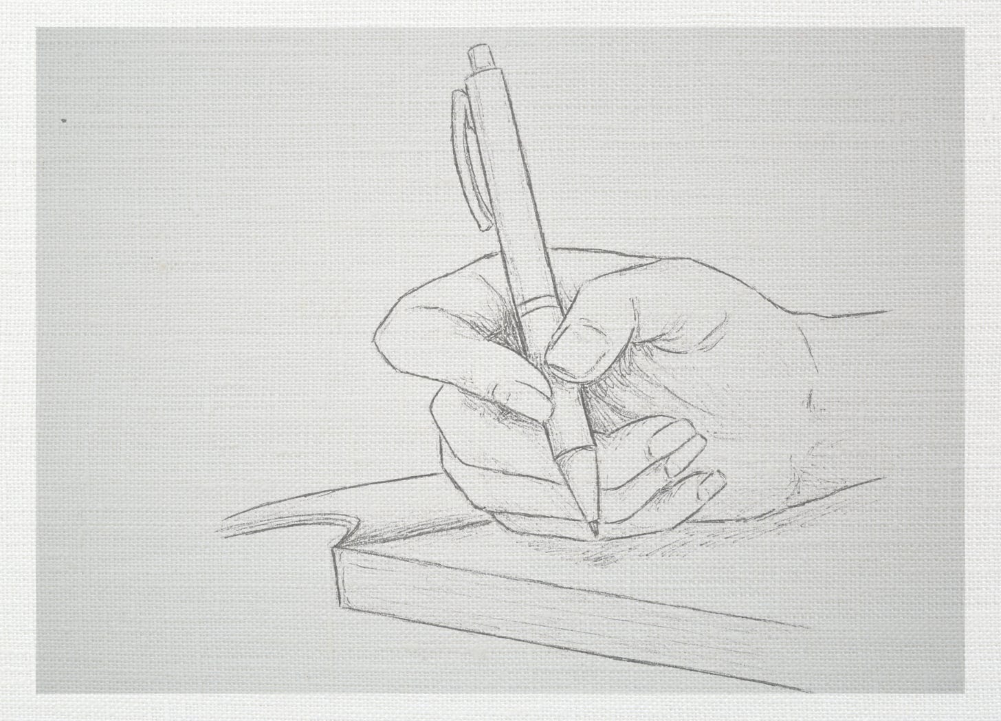 pencil sketch of a hand holding a pen and writing in a notebook on neutral linen background