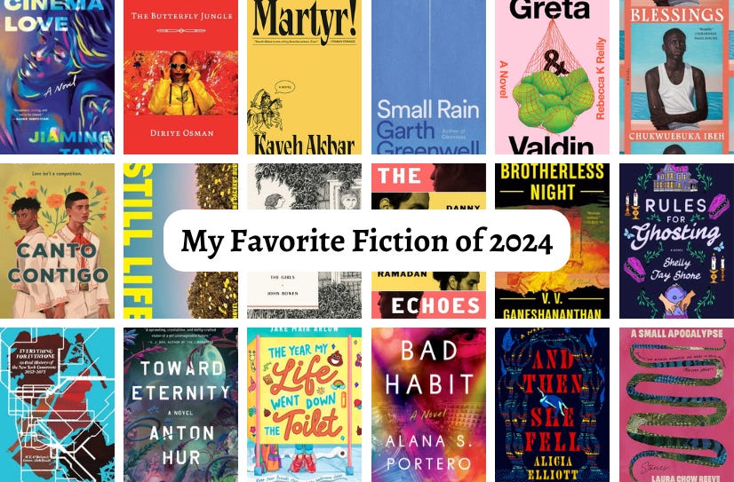 A grid of 18 small cover images of the books listed with text superimposed that reads: My Favorite Fiction of 2024.