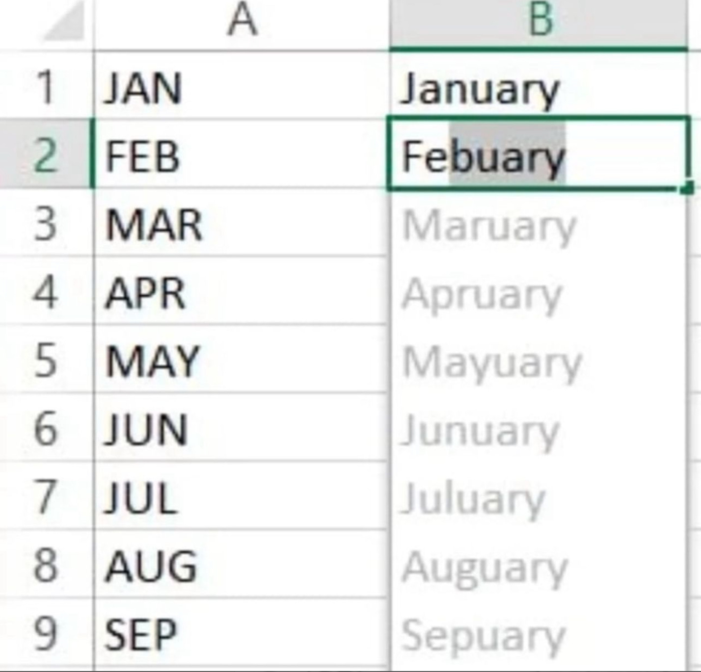 Screenshot showing Excel autocompleting month names as Maruary, Apruary, etc.