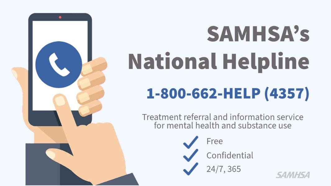 SAMHSA on X: "SAMHSA's National Helpline 1-800-662-HELP (4357) is a  confidential, free, 24/7/365 information service (in English and Spanish)  for anyone facing mental health problems, substance use disorders, or both.  https://t.co/yB6opQzA2i https://t ...