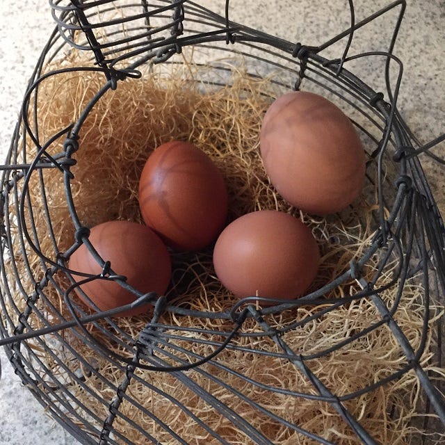 four brown eggs in a wire basket