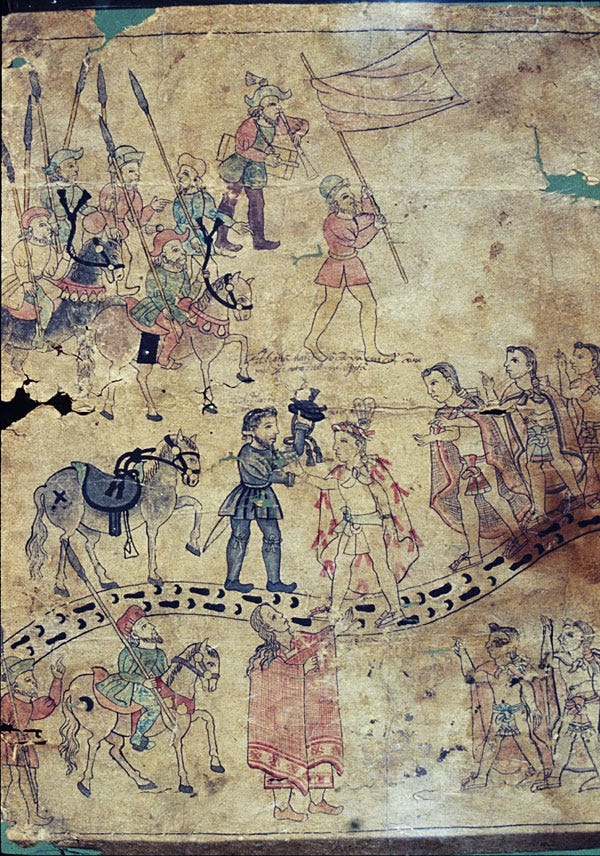 “Cortés Greets Xicotencatl.” With female translator Malintzin or Malinche in the foreground Mid-16th century. Detail from Lienzo de Tlaxcala. “Cortés Greets Xicotencatl.” With female translator Malintzin or Malinche in the foreground Mid-16th century. Detail from Lienzo de Tlaxcala.