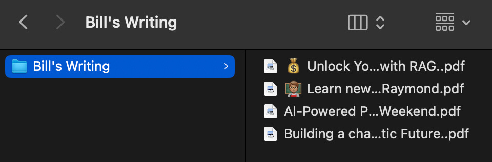 File browser showing "Bill's Writing" folder selected with four PDF files listed inside.