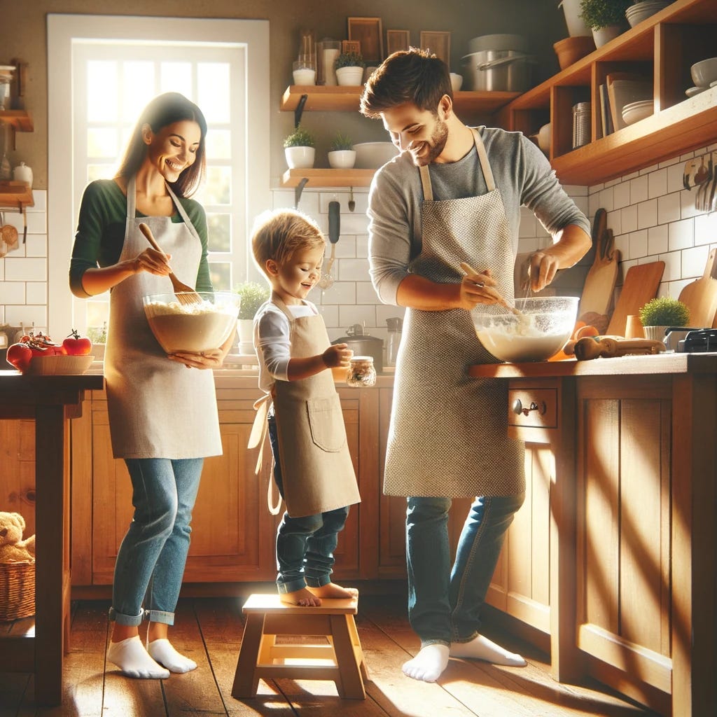 A cheerful scene of a family cooking together in a cozy kitchen environment, where even the child is actively involved in the meal preparation. The kitchen is alive with activity; one parent is overseeing the child as they mix ingredients in a large bowl, showing them the joy of cooking. The other parent is preparing another part of the meal, perhaps sautéing vegetables or seasoning a dish. The child, standing on a step stool to reach the counter, is gleefully participating, with a look of concentration and happiness. They are wearing a mini apron, emulating their parents. The room is filled with the warm light of a family home, and the air carries the promise of a delicious meal made together. This image embodies the warmth and unity of family life, highlighting the importance of shared experiences and the joy found in simple moments together.