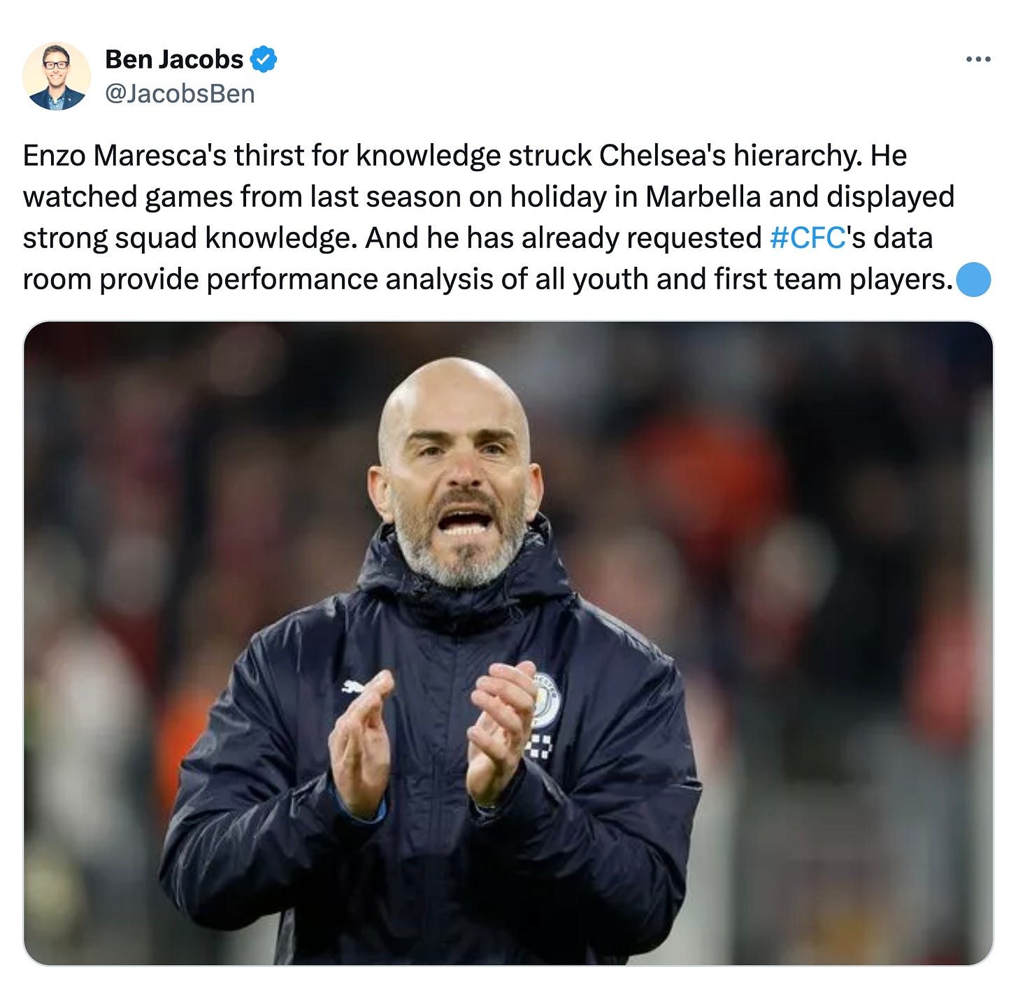 A tweet by Ben Jacobs about why Chelsea hired Enzo Maresca