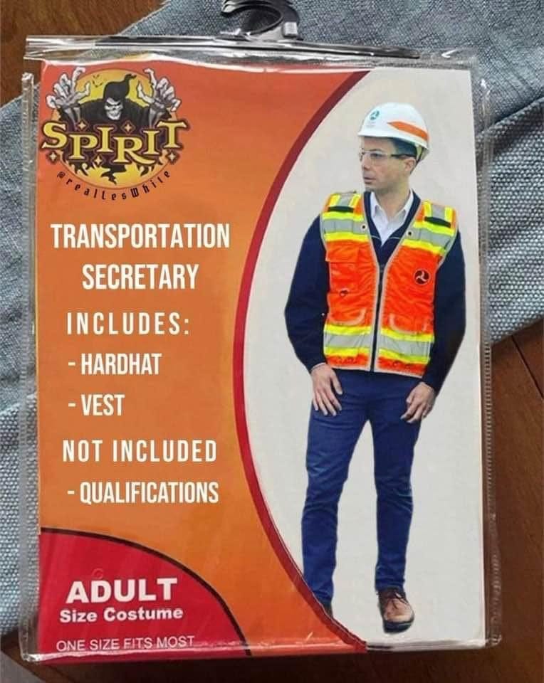 May be an image of 1 person and text that says 'SPIRIT TRANSPORTATION SECRETARY INCLUDES: -HARDHAT VEST NOT INCLUDED -QUALIFICATIONS ADULT Size Costume SIZE EITS MOST'