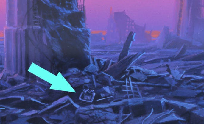 Close detail from MEATLOAF ASCENDANT featuring an arrow pointing to a kitchen sink rendered among less identifiable debris.