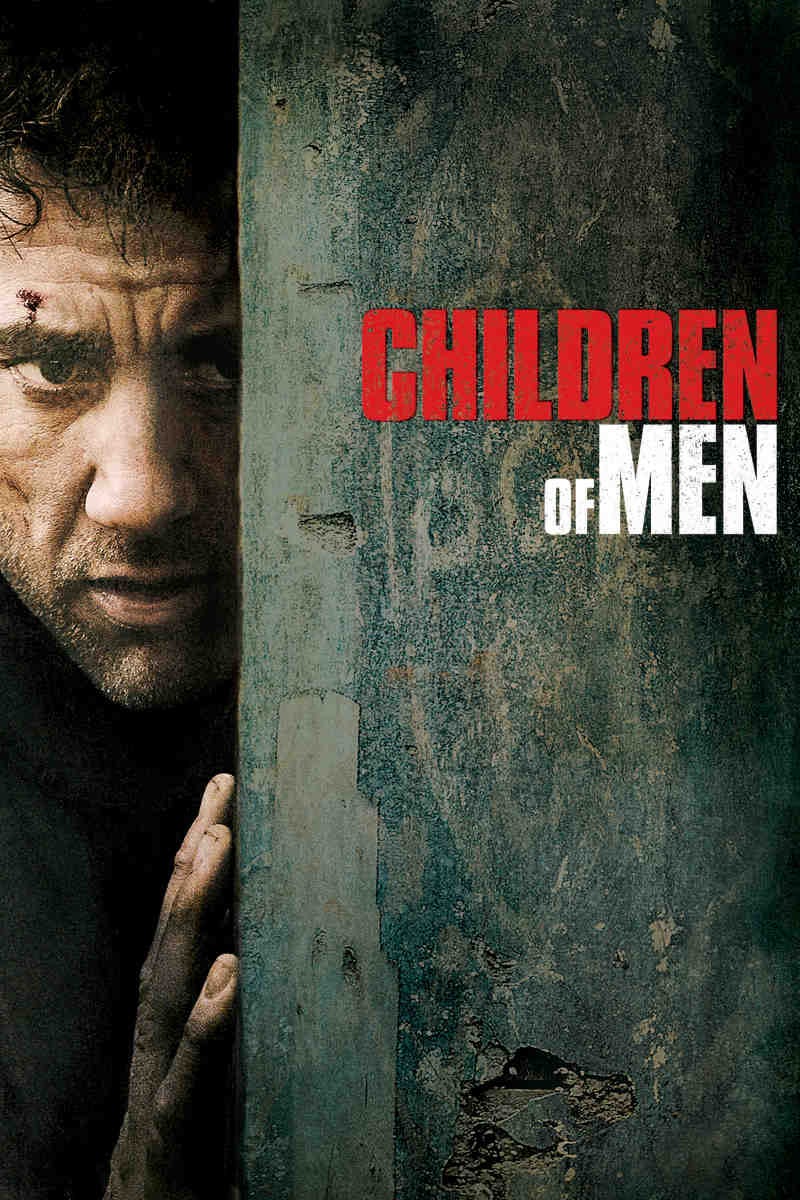 Movie poster slash thumbnail art for the movie Children of Men. A close up of Clive Owen's face, sneakily looking around the corner of a concrete wall that take up 2/3rds of the image. The words CHILDREN OF MEN is typeset in a bold sans serif font in all-caps, in red and white.
