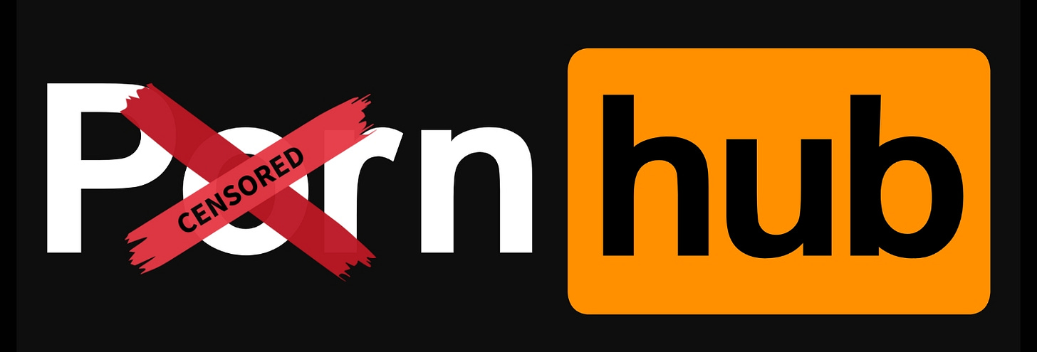 Pornhub logo with red "CENSORED" ribbons blocking the word, "Porn"