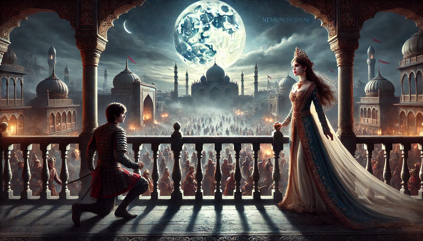 A realistic and epic scene illustrating the story of Princess Turandot. The beautiful and fierce princess stands on a high balcony overlooking a grand, ancient city. Her royal attire is detailed and shimmering under the moonlight. Below, the city of Pekín is in a state of frantic activity, with people searching and whispering in the night. The young foreign prince stands confidently in the center of the scene, challenging Turandot. The moon is full, casting a mystical glow over the entire scene. The atmosphere is tense and dramatic, capturing the essence of the challenge and the decree 'Nessun dorma!'