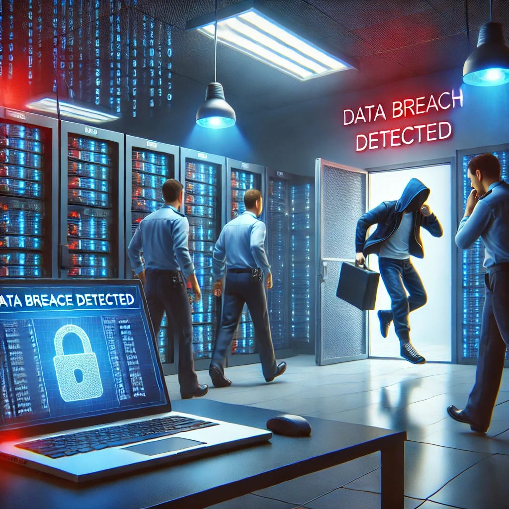 A realistic data center breach: security guards rushing into a high-tech server room where hackers have infiltrated. The scene is filled with blue and red alarm lights flashing, a laptop on a desk showing ‘DATA BREACH DETECTED,’ and a hacker escaping through the emergency exit.