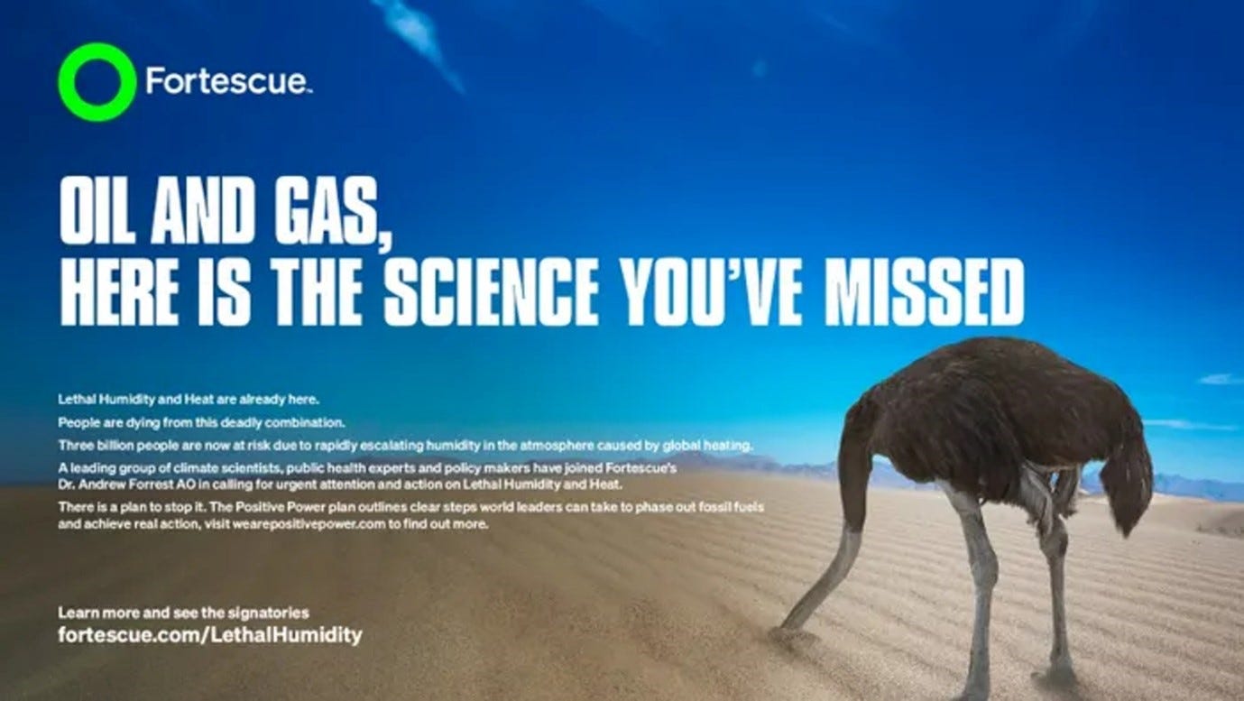 Advert from Fortescue reading "Oil and Gas, here is the science you've missed"