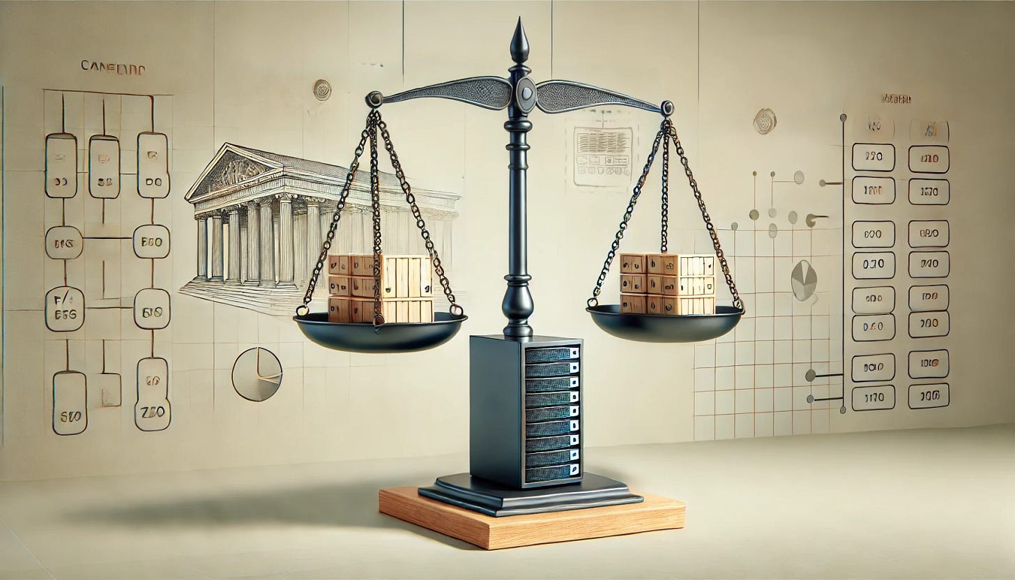 A simplified image showing scales balancing fresh live data on one side and a fortified server on the other, representing system resilience. The background includes subtle elements of a system architecture diagram to indicate data flow and system robustness. Capture the scene with a Canon TS-E 17mm f/4L Tilt-Shift lens for a wide-angle view, set at f/8 for moderate depth of field, with a shutter speed of 1/250s to avoid motion blur, and an ISO setting of 200 for a clear, well-lit image. Use a warm white balance and high contrast to enhance the image's clarity and engagement.