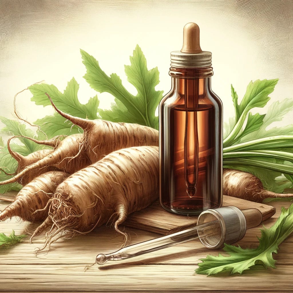 A detailed illustration of chicory root extract in a glass bottle, placed next to fresh chicory roots on a wooden table. The extract is a dark amber liquid, visibly thick, with a dropper attached to the bottle. The roots are fibrous, with a slightly ragged appearance and a pale brown color. The background includes a few scattered chicory leaves, which are green and slightly wilted, emphasizing the natural origin of the extract. The setting is rustic, with soft natural lighting to enhance the organic feel of the scene.