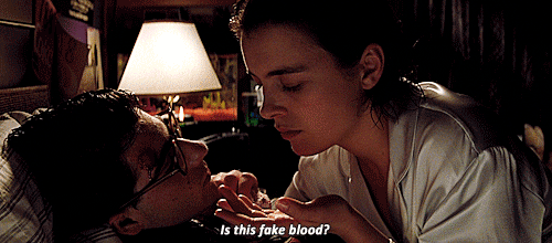 GIF of Miss Cross asking Max if this is fake blood?