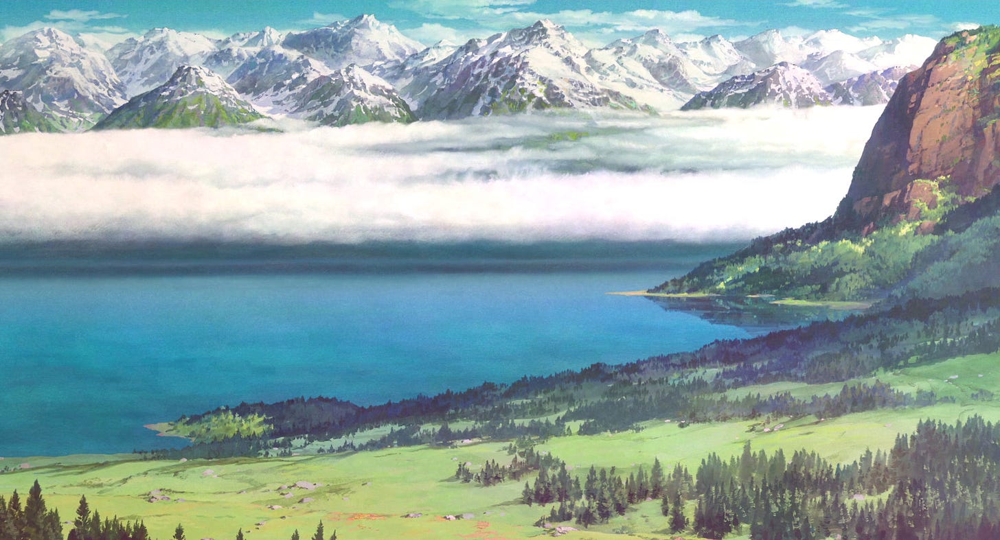 a painted landscape with snow capped mountains in the distance, blue lake, green meadows, and forests of pine trees.