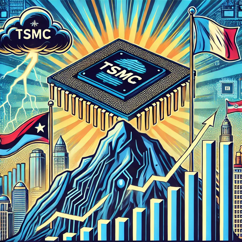 A bold pop-art style illustration featuring a massive microchip with the TSMC logo as the centerpiece atop a mountain, symbolizing its dominant position. On one side, ascending financial graphs symbolize the AI boom, while on the other side, dark storm clouds with lightning and flags of countries represent geopolitical challenges. The background showcases a futuristic technological skyline, with a dynamic mix of bright and dark tones highlighting the dual narrative of growth and obstacles.