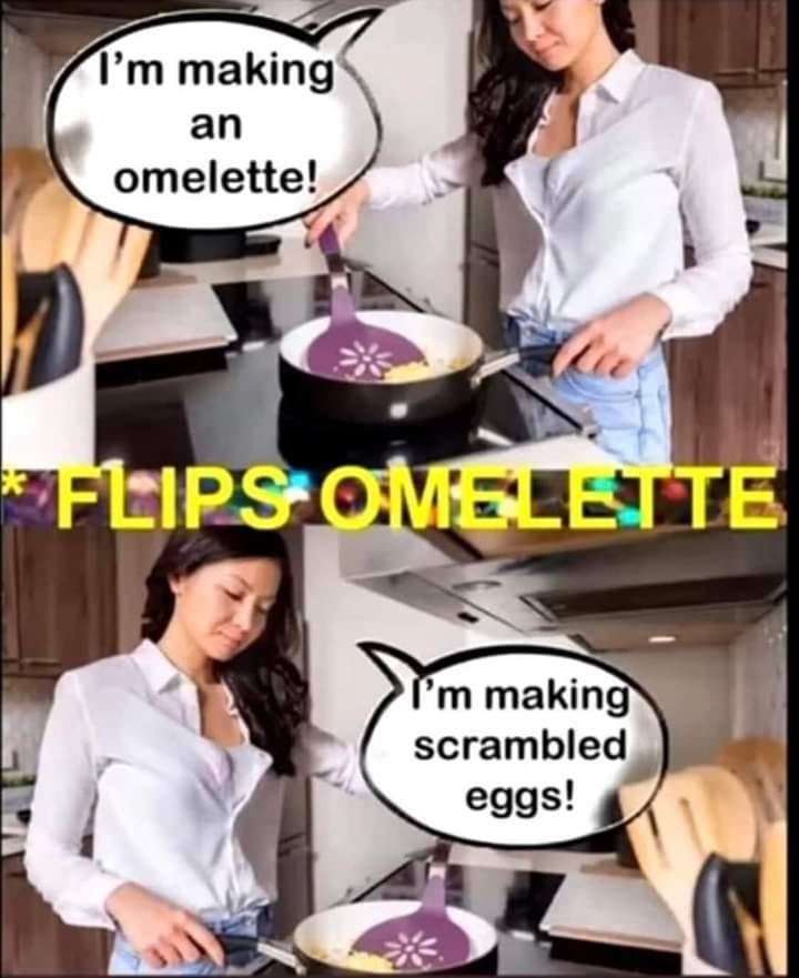 May be an image of 2 people, omelet and text that says 'I'm making an omelette! FLIPS OMELETTE I'm making scrambled eggs!'