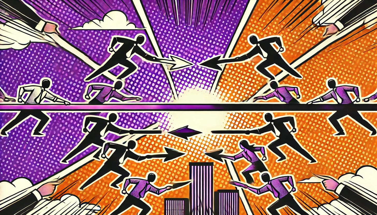 A pop art style illustration depicting conflict between different departments within a company. The color palette is restricted to bright purple, bright orange, black, and white, with a white background. The design features minimal elements: two or more opposing symbols or arrows representing different departments clashing or pulling in different directions. The scene is clean and minimal, focusing on the tension and conflict between departments.