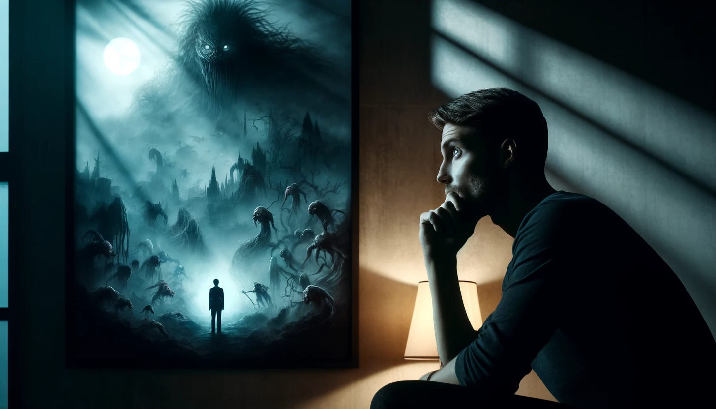 A digital art of a man, contemplative expression, eyes wide, in a dimly lit room observing a nightmare unfold. The nightmare scene on the wall features monstrous silhouettes, twisted landscapes, and eerie fog. Soft light from a nearby lamp casts long shadows. Created Using: digital rendering, hyperrealism, atmospheric effects, sharp details, shadow play, subtle glow, cold color tones, eerie ambiance, thoughtful posture