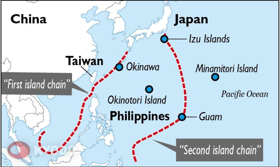 Map showing first and second island chains around China, Japan, Philippines.