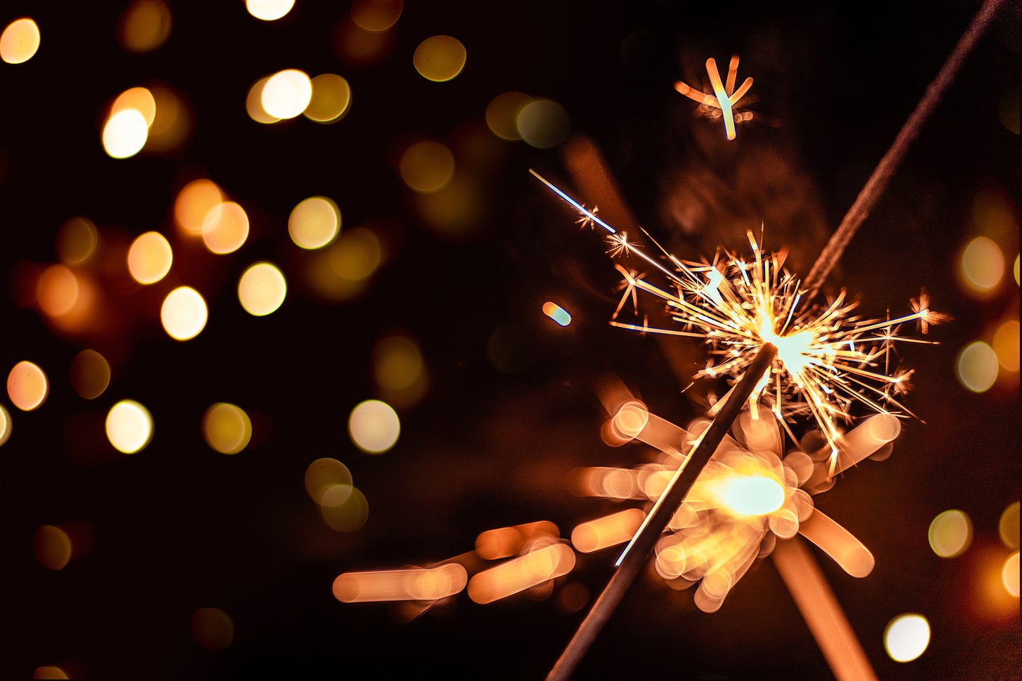 An image of a lit sparkler and in the background, twinkly lights. 