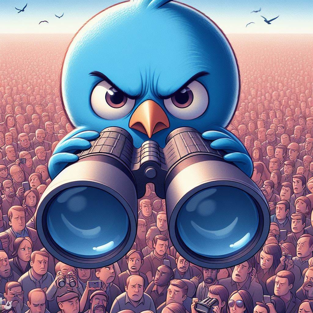 a frowning blue twitter bird looking down from above at a crowd with binoculars