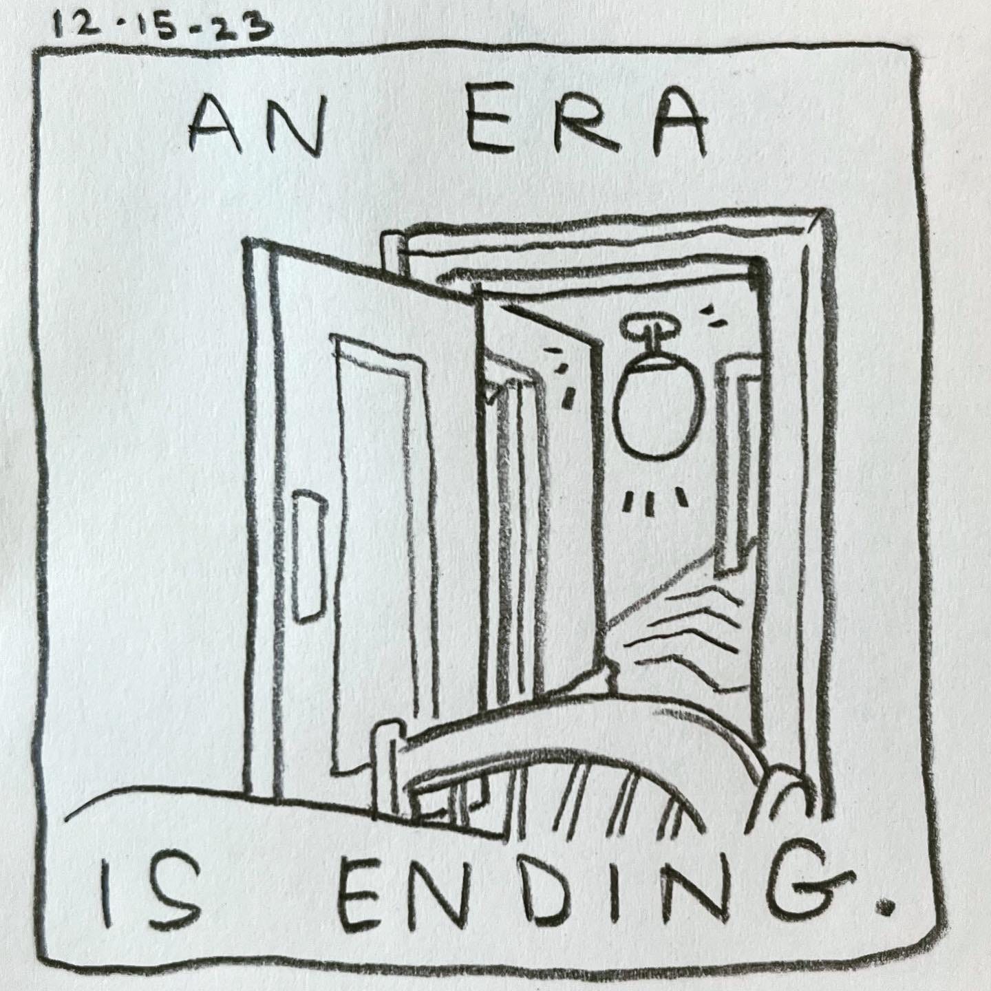 Panel 1: an era is ending. Image: An architectural drawing looking past a dining chair in the foreground, through a doorway into a room with chevron flooring and a large spherical light hanging from the ceiling, through another doorway behind that.