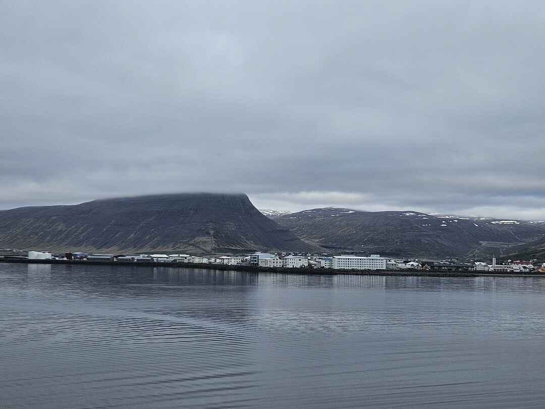 Isafjordur at the head of the fjord, surrounded by mountains