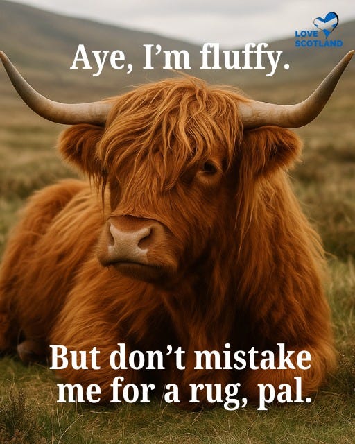 May be an image of text that says "LOVE LOVE Aye, I'm fluffy. SCOTLAND But don't mistake me for a rug, pal."