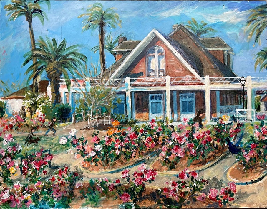 A painting of a house with flowers

Description automatically generated